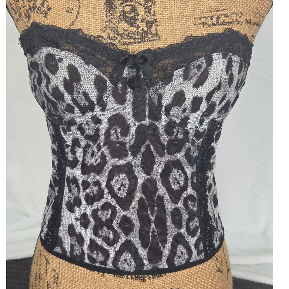 Romwe Leopard Print Corset Top Womens Small Gray Black Lace Trim Hook Eye Y2K
